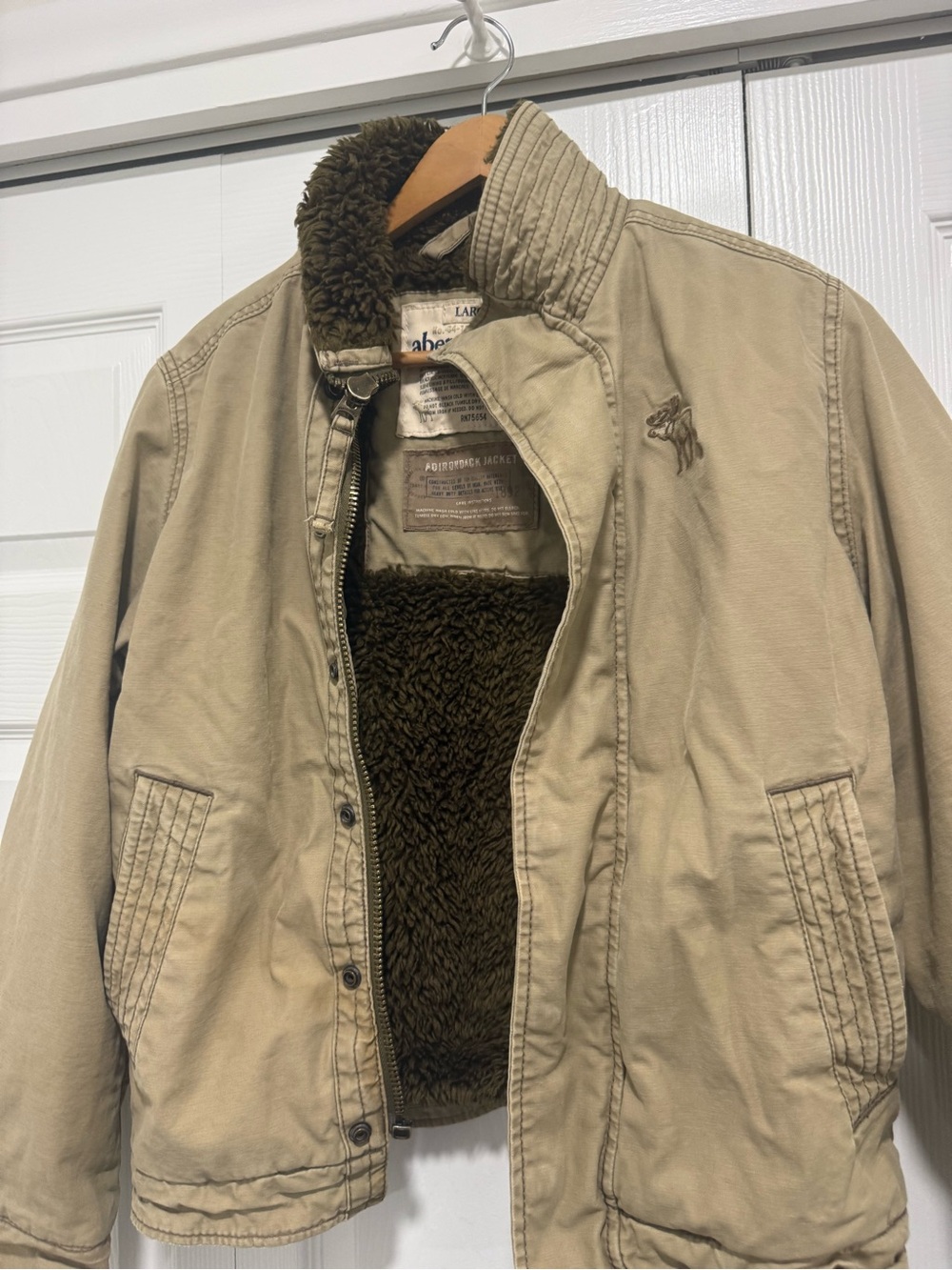 Abercrombie & Fitch Tan Bomber Jacket with Dark Brown Sherpa Lining